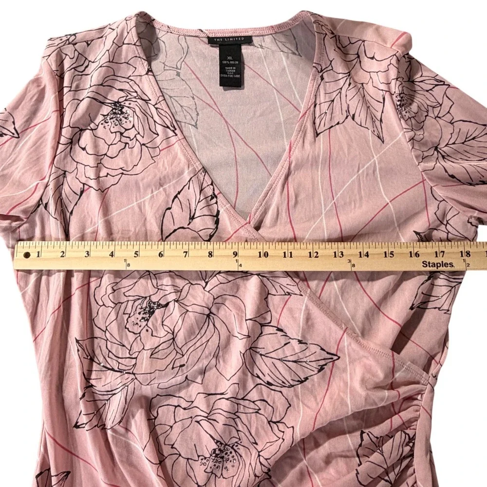 Vintage Y2K The Limited Blouse XL Faux Wrap Sheer Floral Rhinestone Lettuce Hem - Picture 8 of 9